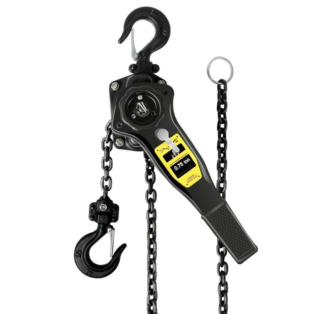 Material handling equipment including a lever hoist and moving straps